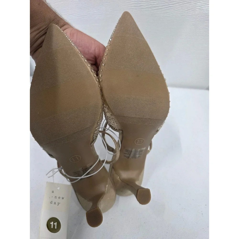A New Day Womens Gold Rhinestone Mesh Pointed Toe Pumps Stiletto Heels Size 11